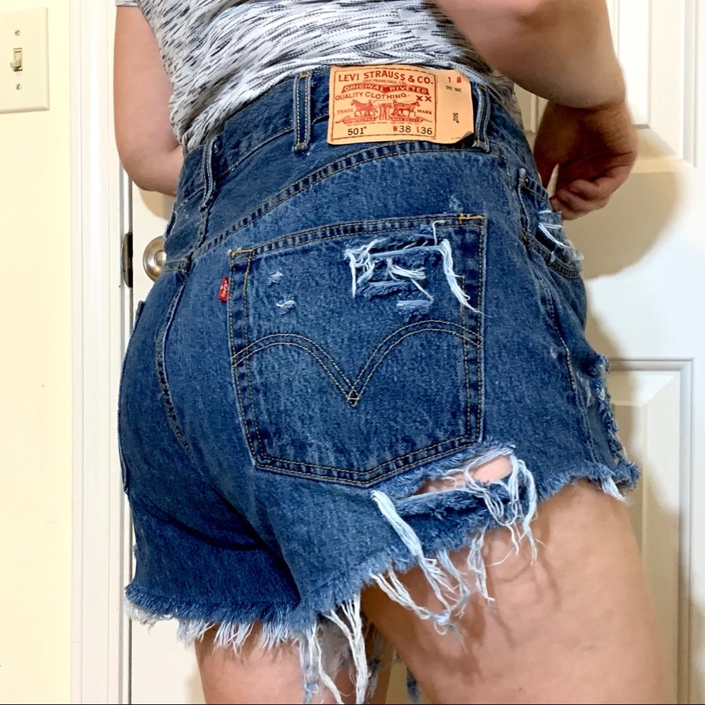 Levi’s high waisted button fly destroyed shorts